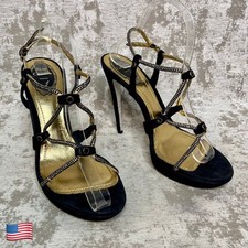 Rene Caovilla Crystal Strappy Heeled Sandals in Black/Gold