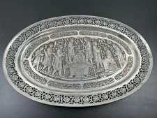 Antique Middle East Tray Plate Persian Copper Tinned Silver ghalamzani Art