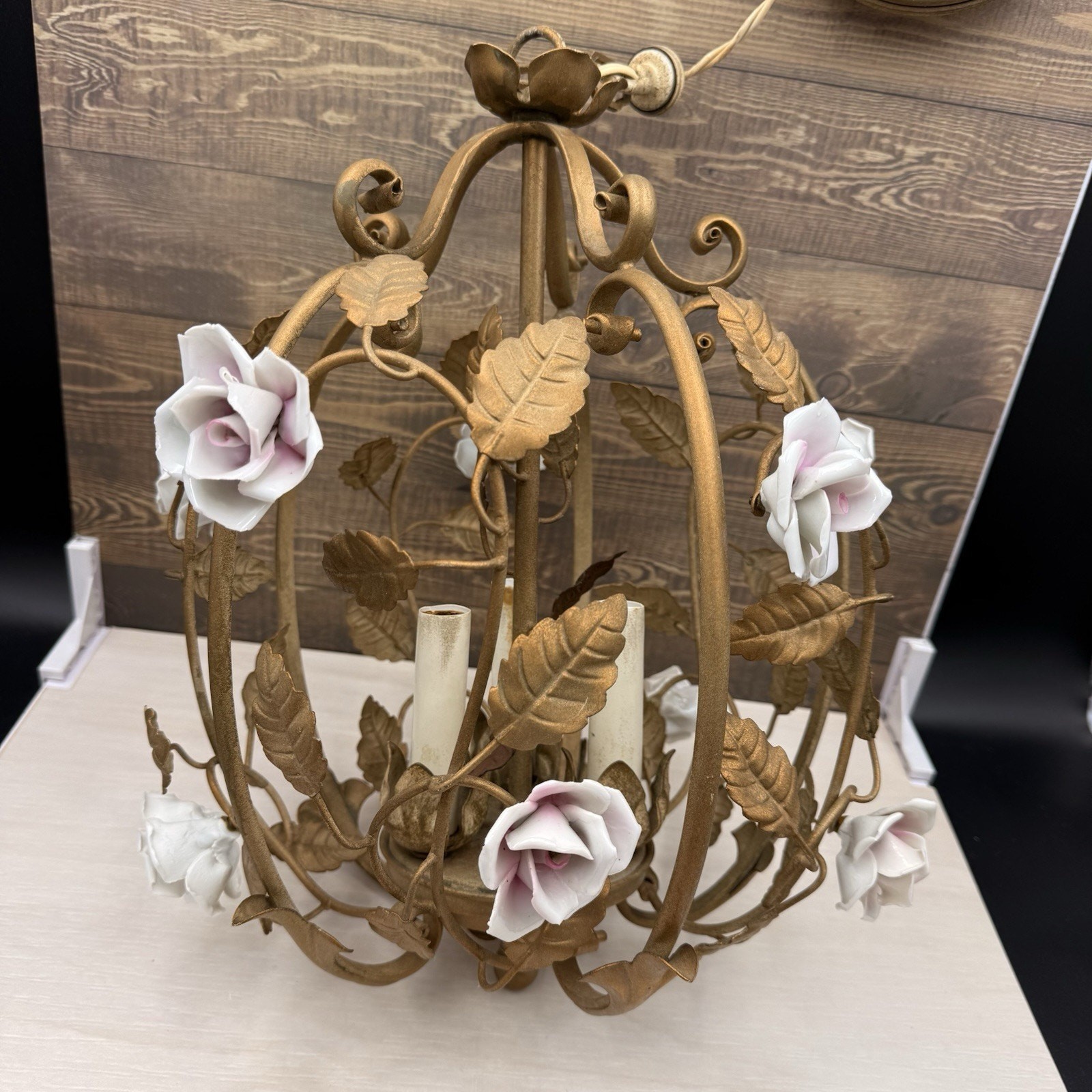 Vintage Hollywood Regency Gold Tone Birdcage Chandelier with Porcelain Flowers