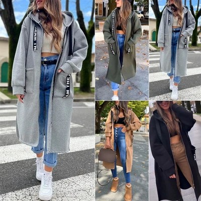 Damen lange Mode Sweat Jacke Kapuze Kapuzenjacke Übergangsjacke Hoodie Mantel