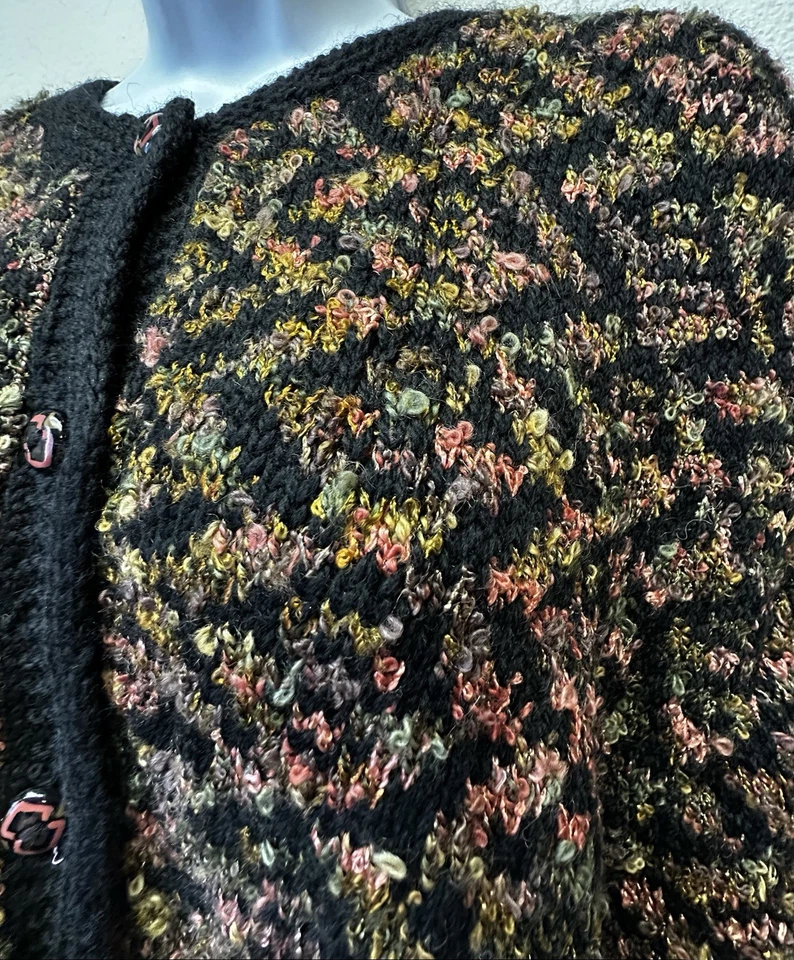 Peruvian Connection Women XL Black Multi Boulce Knit Wool Blend Cardigan Sweater - Image 3 of 4
