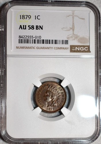 NGC AU-58 BN 1879 Indian Head Cent, Highly Lustrous & Barely Circulated.