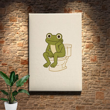 Vintage cartoon frog on toilet funny bathroom canvas wall art poster, unframed