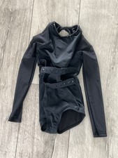 BALERA Black Leotard. Sheer Waist/Sleeves. Criss-Cross Front. Sz SC. Excel. Cond