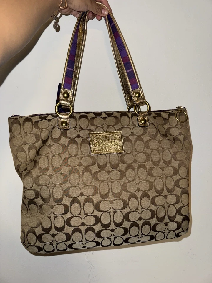 Bolso de Hombro COACH Tartán Cuadros Caqui Marrón Púrpura Amapola Pop C'S  Foto 3 de 4