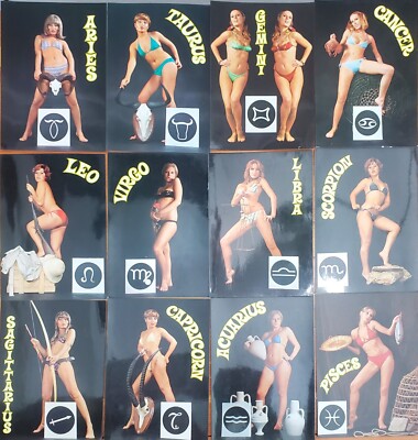 Vyg. 70s-80's Pin-Up Bikini Girls Zodiac Postcards Complete Astrology signs Set