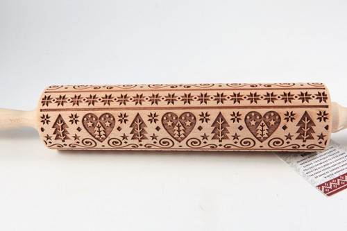 Embossed Wooden Rolling Pin Christmas Tree Snow Hearts Design 17” Poland NIB - Picture 9 of 9