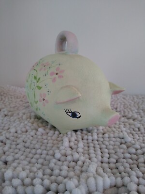 Vintage Hand Painted Pig With Loop Handle Light Green Pink Cute 
