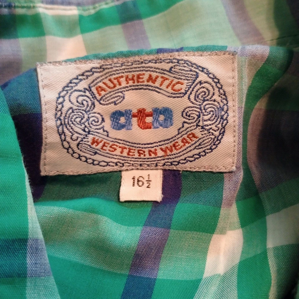 Authentic ATA Western Wear Pearl Snap S/S Shirt. 16 1/2 L Vintage Green Plaid - Image 3 of 4