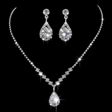 Women"s Luxury Necklace Earrings Set CZ Love Drop Pendant Jewelry Silver Steel