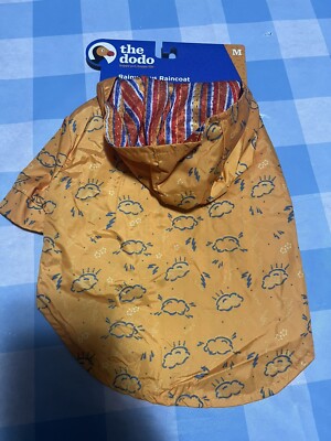 The Dodo Medium Dog Rain Jacket Rain Clouds Sunshine Theme Stripes NWT