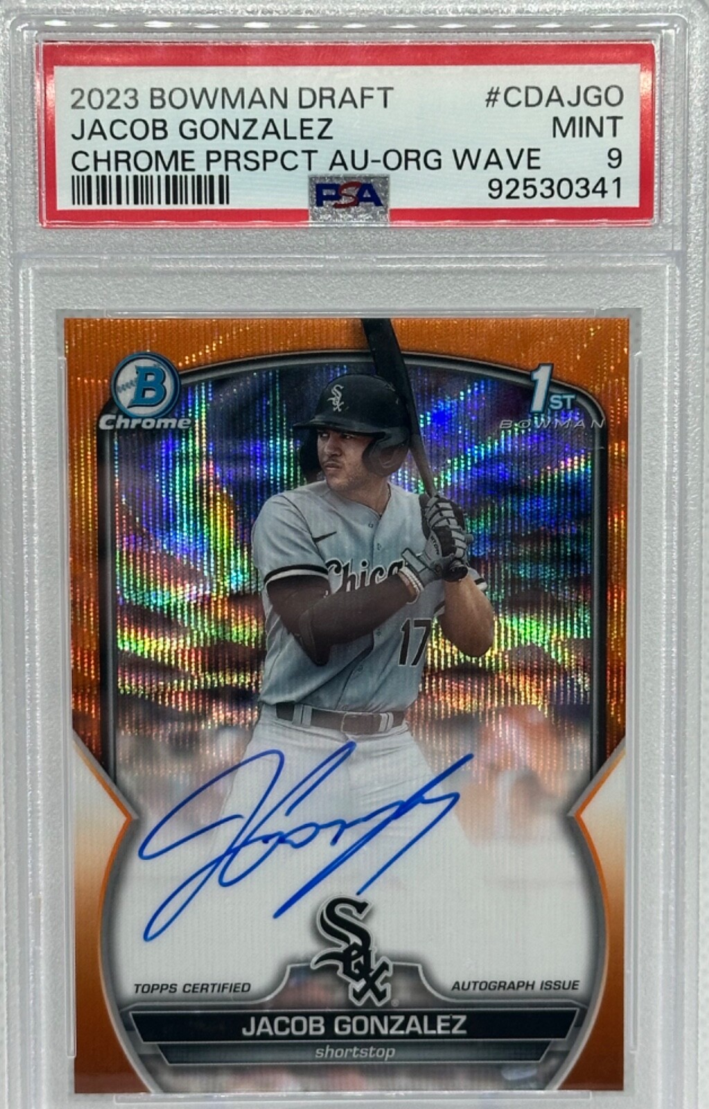2023 1st Bowman Chrome Jacob Gonzalez Orange Wave Auto /25 White Sox PSA 9
