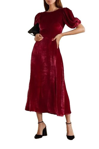 burgundy velvet dress midi Love In Luxury Burgundy Ruched Side Foil Print Velvet Midi Dress main image 0