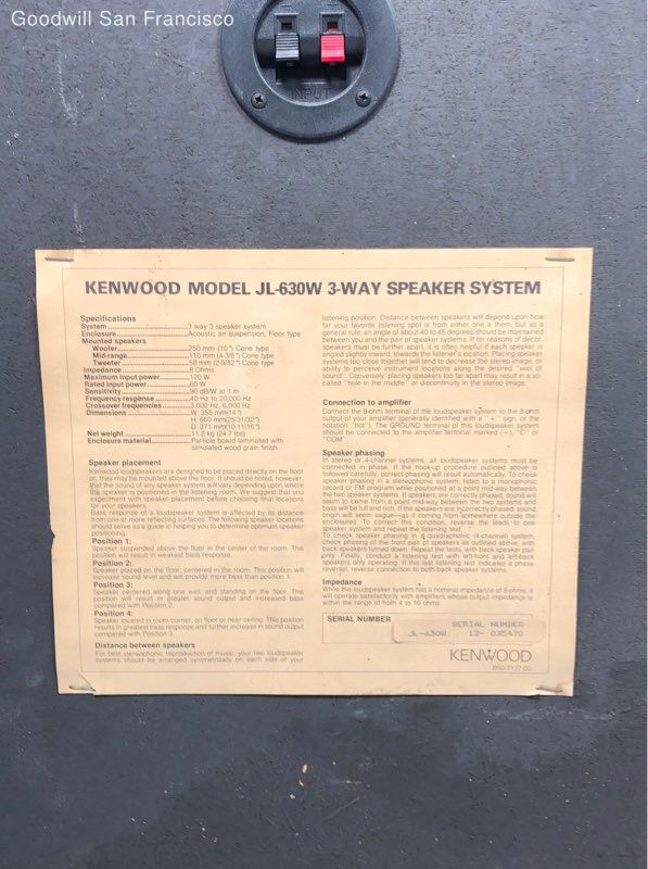 Kenwood Model JL630W 3Way 3 Speakers System Acoustic Air Suspension