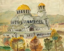 Vintage realist oil painting church landscape