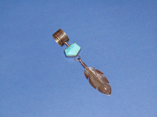 Vintage Navajo Signed E J Bighand 925 Silver Prayer Feather & Turquoise Pendant