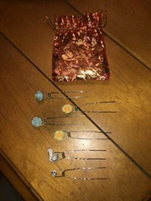 Vintage Japanese Hair Forks 6 Beautiful Pins Swan Blue Yellow Flowers Satchel