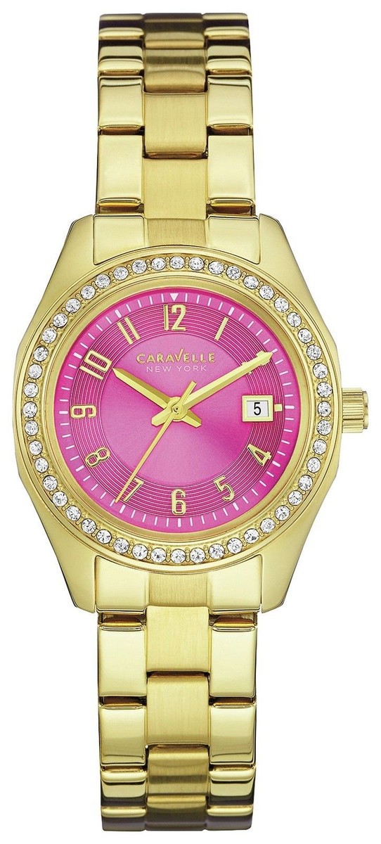 Caravelle New York Ladies' Stainless Steel Gold Pink Crystal Dial