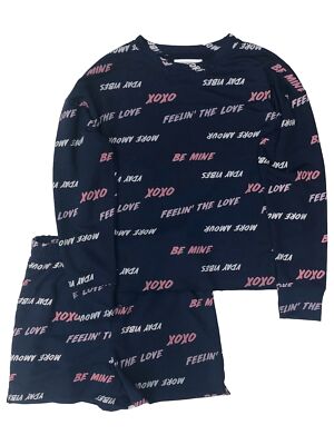 Womens Blue Be Mine Love XOXO Pajamas Long Sleeve Tee & Shorts Sleep Set