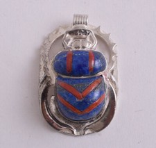 Egyptian scarab Silver Pendant,Revival, red coral , lapis Lazuli
