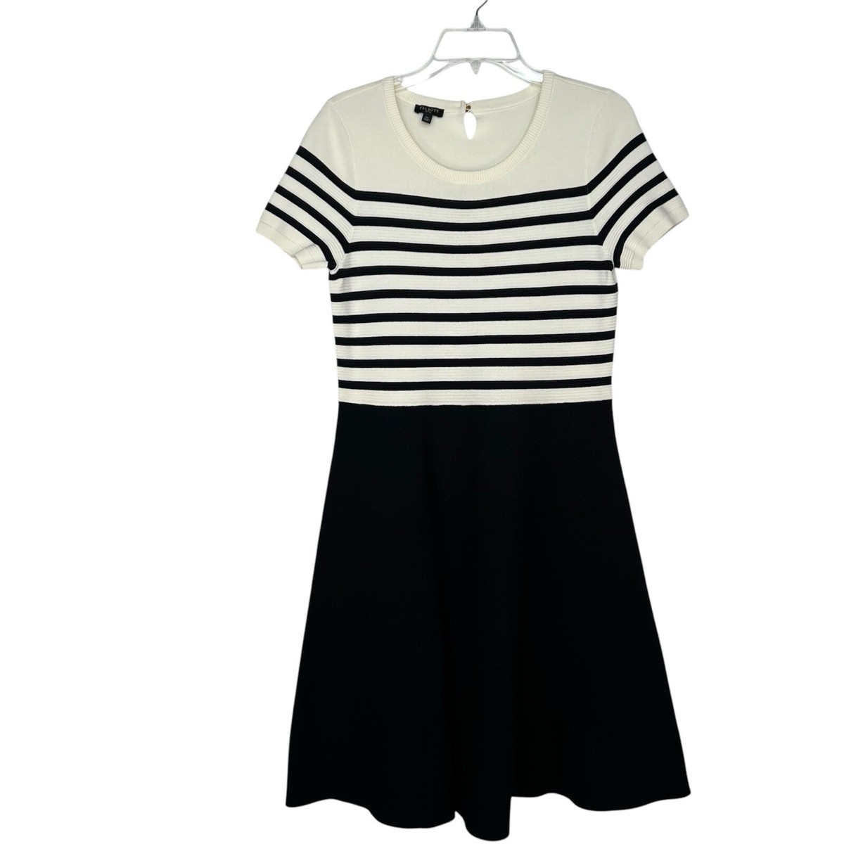 talbots black and white dress Knit Fit Flare Size M Striped Short Sleeve Cocktail Talbots petites Colour:Gold Style:Sleeveless Black Tie Wedding Guest Machine Wash Cold