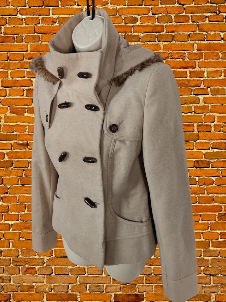 CHAQUETA ABRIGO MUJER JANE NORMAN TALLA UK 10 BEIGE CON CAPUCHA CÁLIDO INVIERNO ABOTONADA Foto 2 de 4
