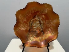 Fenton Low Bowl Ruffled Chrysanthemum, Windmill & Sailboat Pattern Orange Wow!