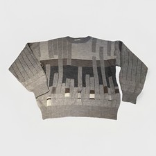 VTG Wool Grandpa Sweater Men's Medium Gray Black Geometric Knit Preppy Golf 90s