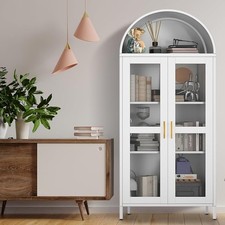 73 in Tall White Modern Arch Kitchen Pantry Storage Cabinet with Glass Doors