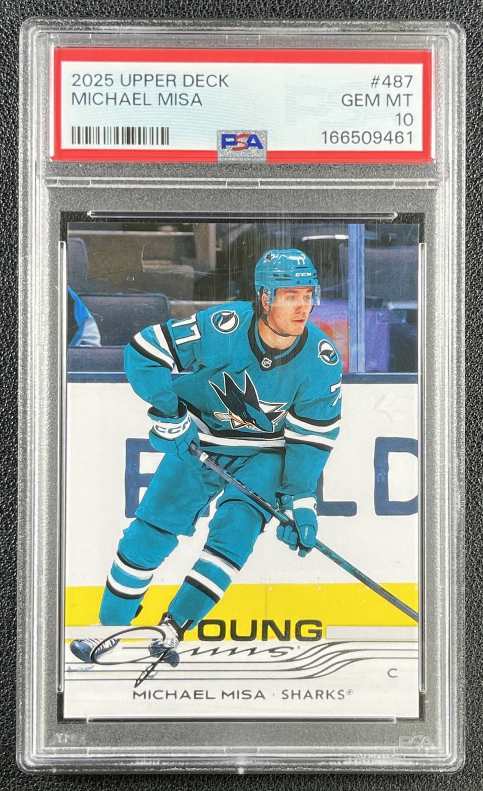 MICHAEL MISA PSA 10 2025-26 UPPER DECK S2 #487 ROOKIE YOUNG GUNS RC SHARKS 9461 view 1