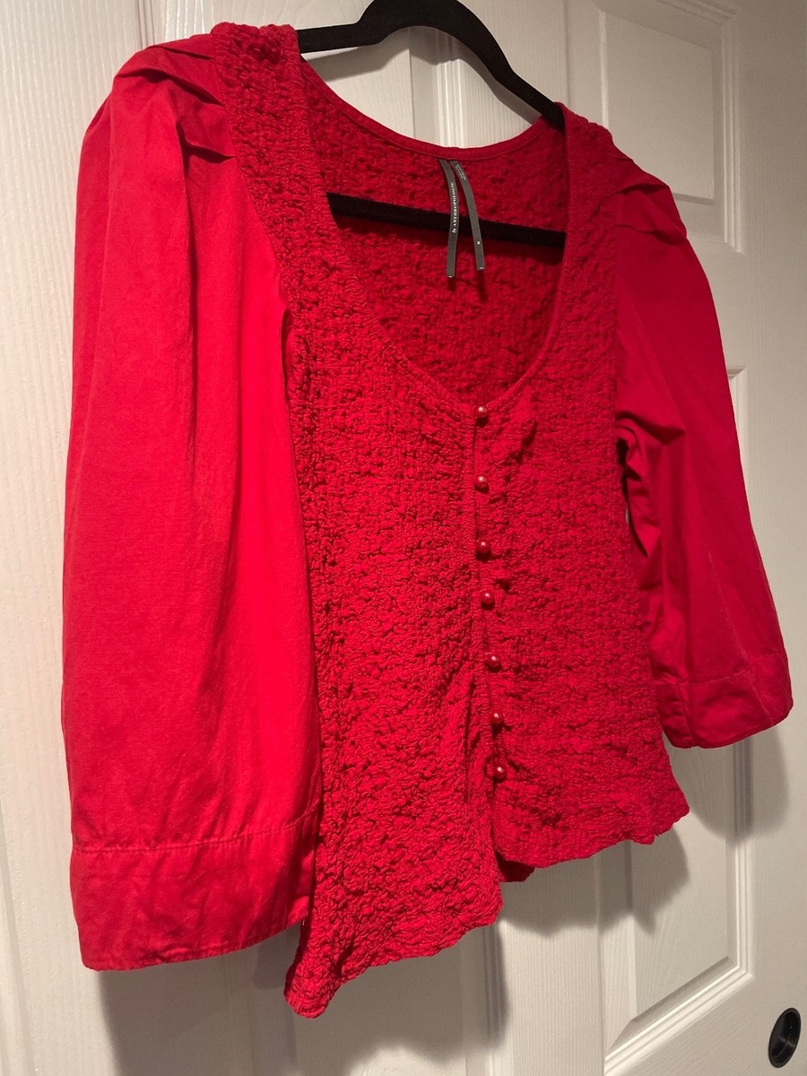 Anthropologie Red Puckered Peplum Top Textured Bodice Cotton Sleeves M Boho View 5