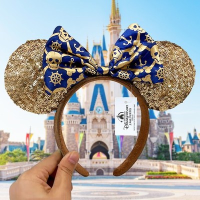 Disney Parks Minnie Ear Bow Pirates of the Caribbean Gold Sequin Headband NWT