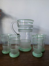 Vintage 1950s Pitcher Jug And 4 Tumblers Frosted And Ringed Green 2.5 Pints