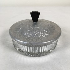 Vtg Cut Glass Vanity Powder Trinket Jar with Etched Floral Stainless Steel Lid