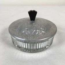 Vtg Cut Glass Vanity Powder Trinket Jar with Etched Floral Stainless Steel Lid