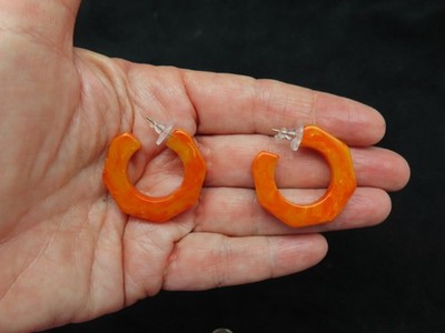 Vintage Octagon Marbleized Lucite Hoop Pierced Earrings