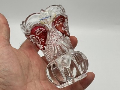   HOFBAUER West Germany RUBINROT Byrdes geschliffen Bleikristall VASE Vogel Aufkleber  