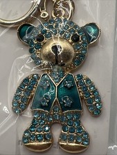 Crystal Cute Teddy Bear Bag Charm Key Chain-Yellow Gold Tone-Teal