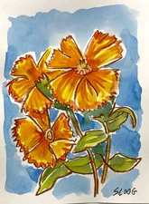 SLOOG Original Art Unique Contemporary Wall Art on Paper 9x12 Orange Flower