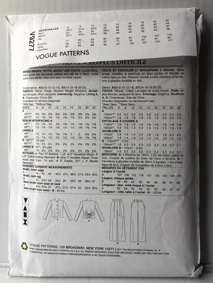 Vogue 9277 Claire Shaeffer Loose Lined Tie Back Jacket Lined Pant Pattern Sz6-14 - Image 2 of 2