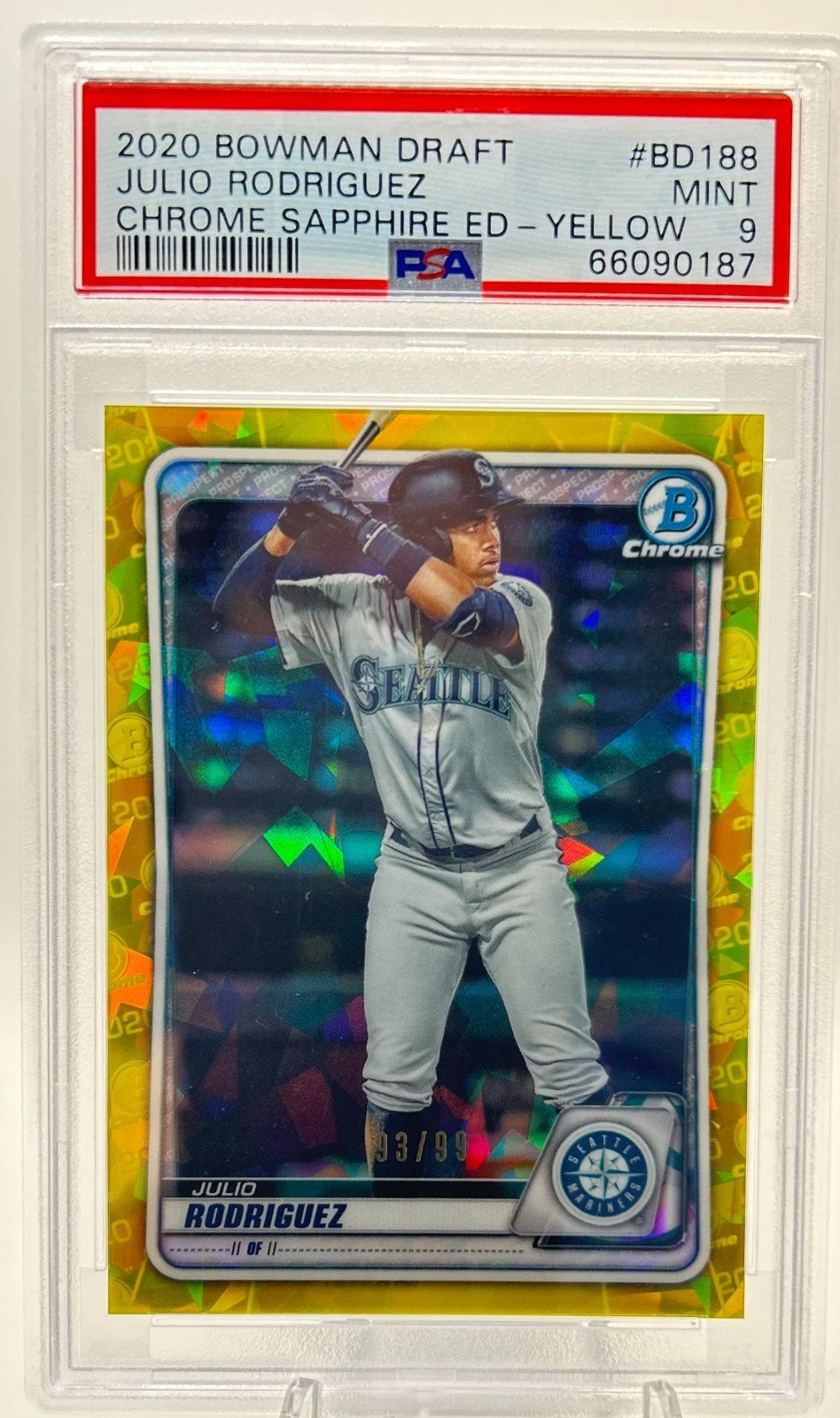 2020 Bowman Draft Sapphire Julio Rodriguez Chrome Yellow #93/99 Mariners PSA 9