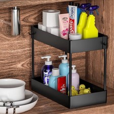 Black Metal Under Sink Storage 2-Tier Shelf Organizer for Kitchen Bathroom S/2