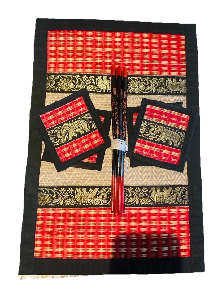 Traditional Thai Elephant Dining Set –1 Placemat, 4 Coasters, 4 Sets Chopsticks - Image 2 of 4