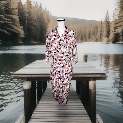 DAVE & JOHNNY VINTAGE 1980s USA MADE FLORAL PATTERN SIDE POCKETS MIDI DRESS 7/8