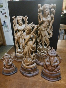 Lot Of 5 Masterfully Carved Vintage Sandalwood Statue India