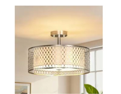 YANSUN 17'' 3-Light Brushed Nickel Semi Flush Mount Fabric Shade Ceiling Light
