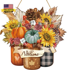Fall Door Decor Wooden Pumpkin Hanger Welcome Sign for Front Door