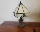 Vtg. L&L WMC Tiffany Style Mini Lamp model 9983 with Cherubs/Stained Glass Shade
