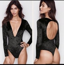 Victoria  s Secret Black Crushed Velvet Long Sleeve Deep V Bodysuit M/L NWT