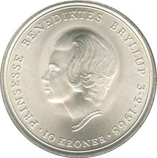 Moneda danesa 10 coronas | Boda Federico IX | Benedicto | Dinamarca | 1968